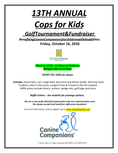 13th annual Cops for Kids Golf Tournament on Friday, October 16, 2026